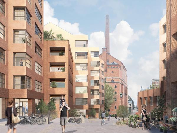 Vy från stråket ner mot den centrala platsen, med Bergshuset till höger och Gårdshuset till vänster. Illustration: Esencial